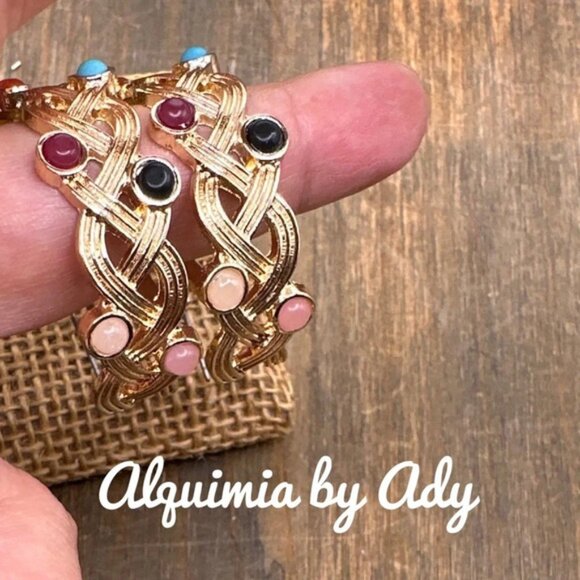 Alquimia Jewelry - Gold multi stone chunky maximalist 14k gold plated hoops